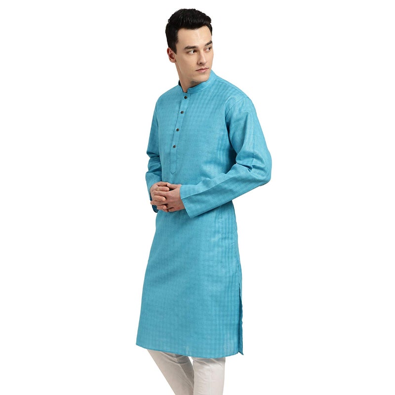 Sojanya (Since 1958 Men'S Cotton Linen Peacock Blue Checked Only Long Kurta, Size 42 - Image 3